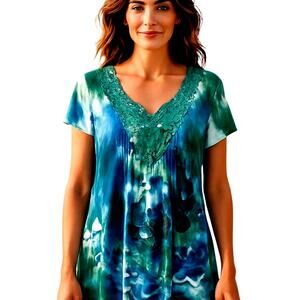 One World Large Green Women's Short Sleeve Maxi BOHO Dress Miss Size12 14 L